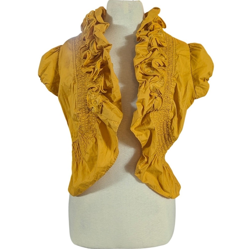 JayMy Ruffle Bolero Shrug Womens S Yellow Puff Sleeve Smocked Y2K Crop Jacket‎